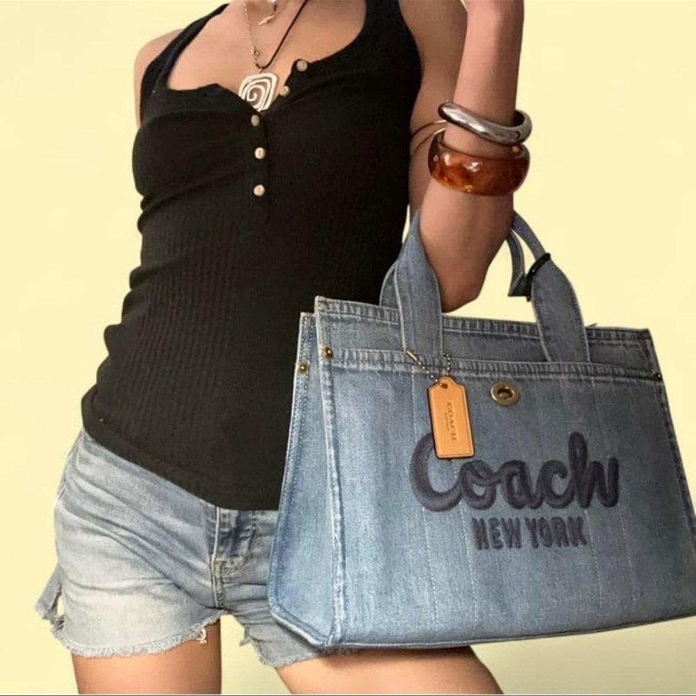 New Coach Blue Denim Canvas Cargo Tote Bag - Picture 7 of 7
